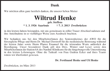Traueranzeige von Wiltrud Henke von saarbruecker_zeitung