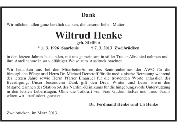Traueranzeige von Wiltrud Henke von saarbruecker_zeitung
