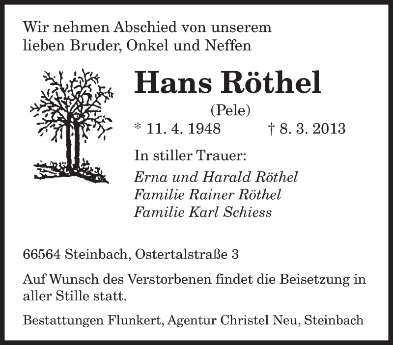  Traueranzeige für Hans Röthel vom 11.03.2013 aus saarbruecker_zeitung