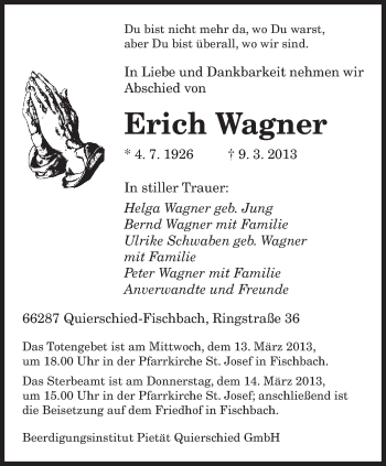 Traueranzeige von Erich Wagner von saarbruecker_zeitung