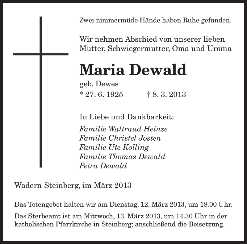  Traueranzeige für Maria Dewald vom 12.03.2013 aus saarbruecker_zeitung