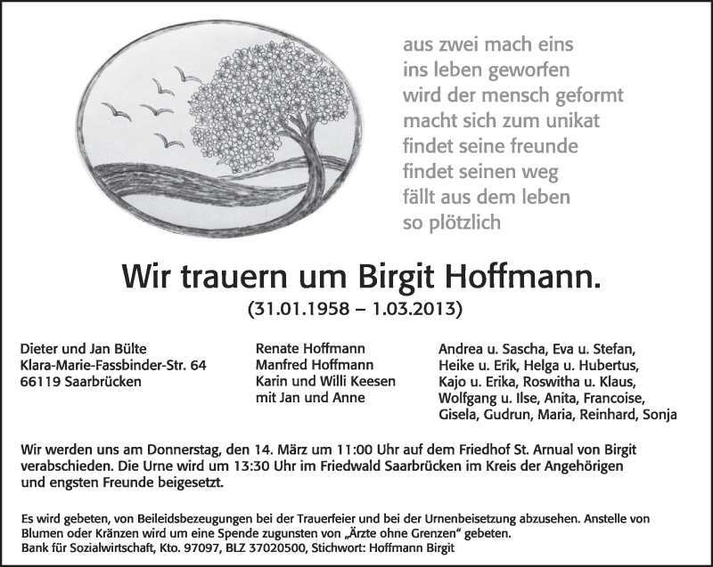  Traueranzeige für Birgit Hoffmann vom 12.03.2013 aus saarbruecker_zeitung