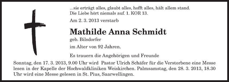  Traueranzeige für Mathilde Anna Schmidt vom 13.03.2013 aus saarbruecker_zeitung