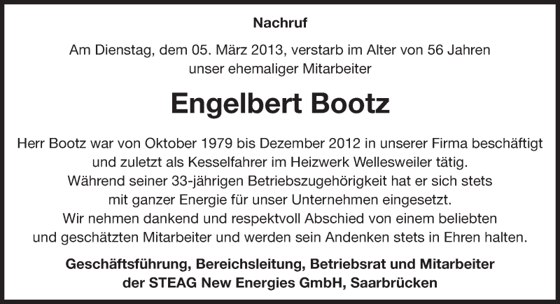  Traueranzeige für Engelbert Bootz vom 16.03.2013 aus saarbruecker_zeitung