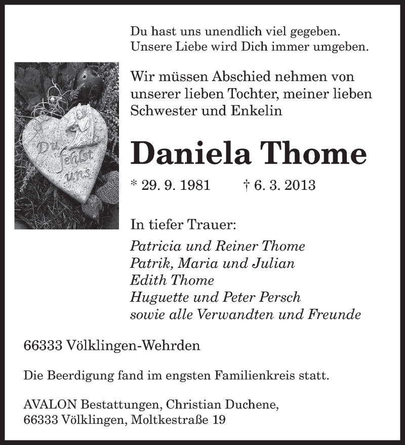  Traueranzeige für Daniela Thome vom 13.03.2013 aus saarbruecker_zeitung