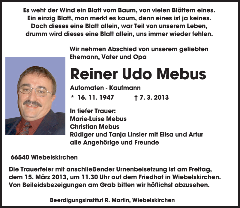  Traueranzeige für Reiner Udo Mebus vom 13.03.2013 aus saarbruecker_zeitung