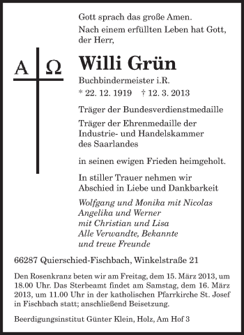 Traueranzeige von Willi Grün von saarbruecker_zeitung