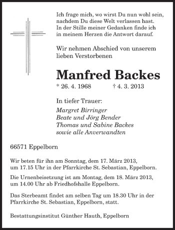 Traueranzeige von Manfred Backes von saarbruecker_zeitung