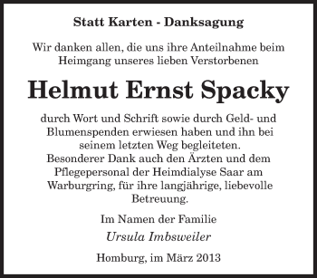 Traueranzeige von Helmut Ernst Spacky von saarbruecker_zeitung