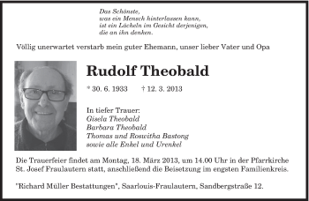 Traueranzeige von Rudolf Theobald von saarbruecker_zeitung