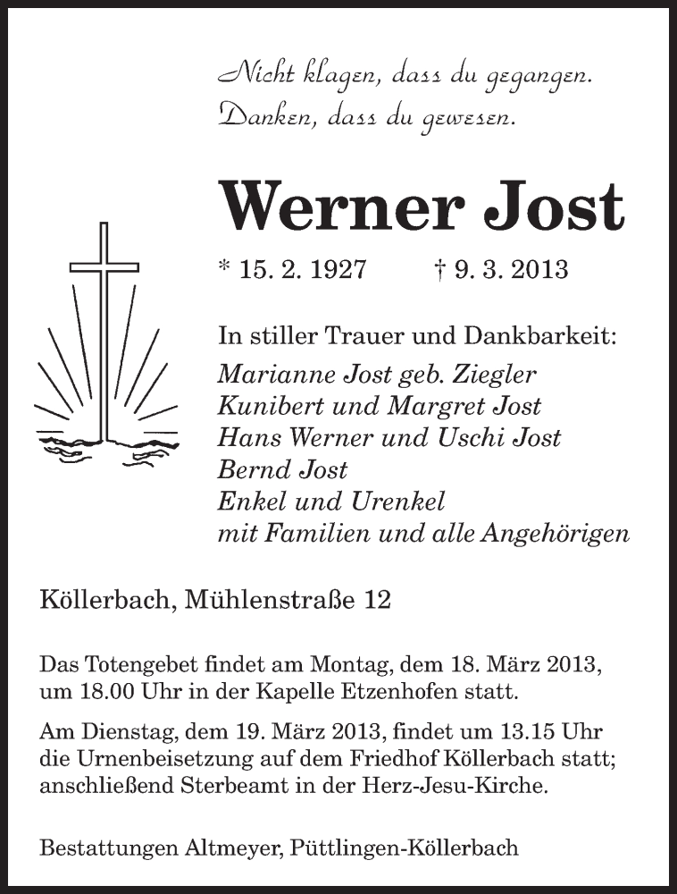  Traueranzeige für Werner Jost vom 16.03.2013 aus saarbruecker_zeitung