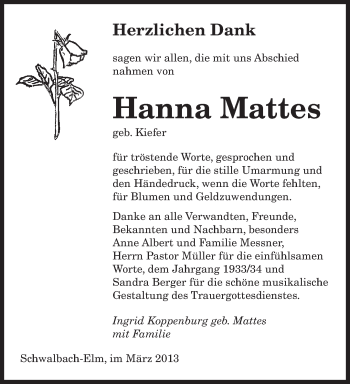 Traueranzeige von Hanna Mattes von saarbruecker_zeitung
