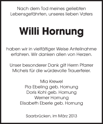 Traueranzeige von Willi Hornung von saarbruecker_zeitung