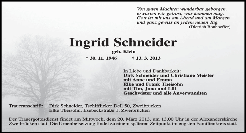  Traueranzeige für Ingrid Schneider vom 16.03.2013 aus saarbruecker_zeitung