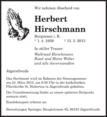 Traueranzeige von Herbert Hirschmann von saarbruecker_zeitung