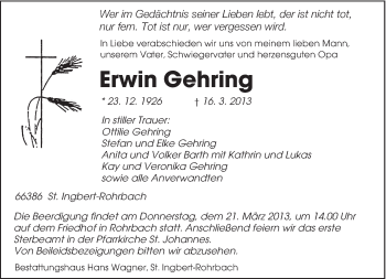 Traueranzeige von Erwin Gehring von saarbruecker_zeitung