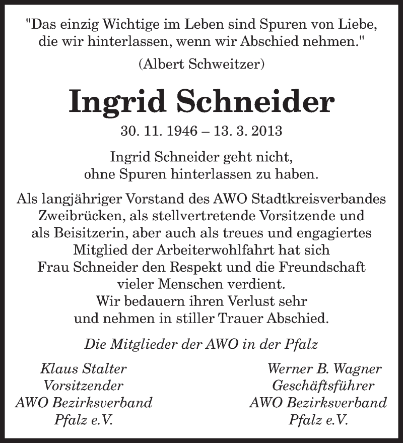  Traueranzeige für Ingrid Schneider vom 19.03.2013 aus saarbruecker_zeitung