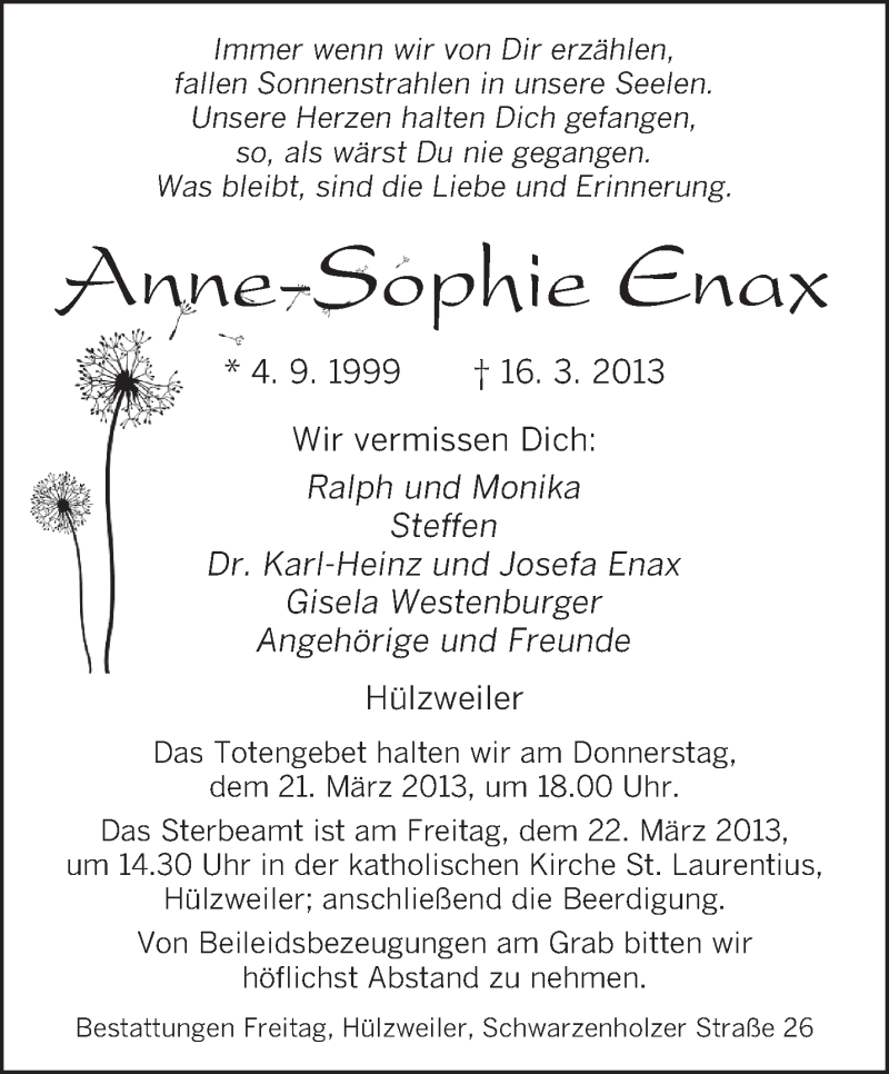  Traueranzeige für Anne-Sophie Enax vom 20.03.2013 aus saarbruecker_zeitung