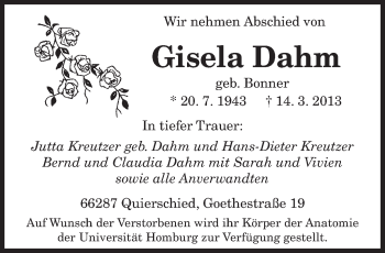 Traueranzeige von Gisela Dahm von saarbruecker_zeitung