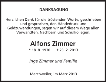 Traueranzeige von Alfons Zimmer von saarbruecker_zeitung
