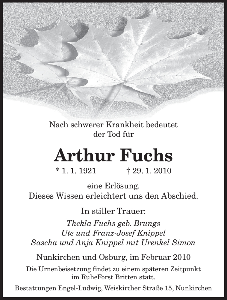  Traueranzeige für Arthur Fuchs vom 03.02.2010 aus SAARBRÜCKER ZEITUNG