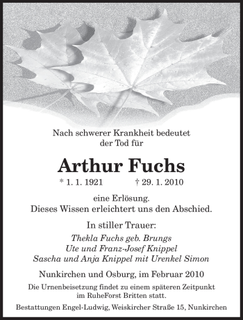 Traueranzeige von Arthur Fuchs von SAARBRÜCKER ZEITUNG