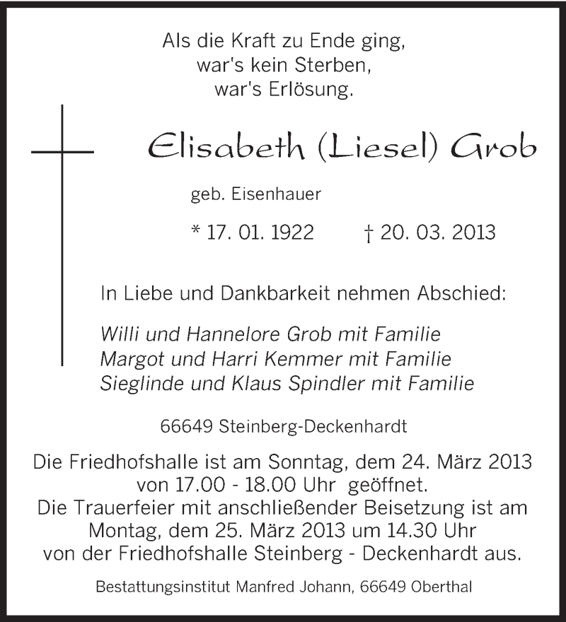  Traueranzeige für Elisabeth Grob vom 23.03.2013 aus saarbruecker_zeitung