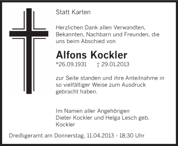 Traueranzeige von Alfons Kockler von saarbruecker_zeitung