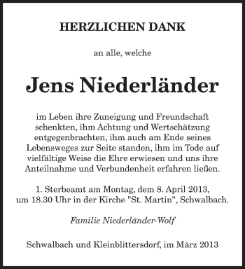 Traueranzeige von Jens Niederländer von saarbruecker_zeitung