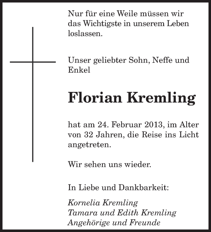  Traueranzeige für Florian Kremling vom 23.03.2013 aus saarbruecker_zeitung