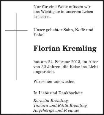 Traueranzeige von Florian Kremling von saarbruecker_zeitung