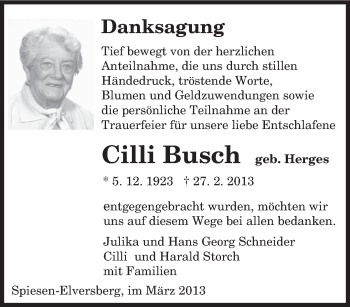 Traueranzeige von Cilli Busch von saarbruecker_zeitung