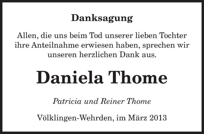  Traueranzeige für Daniela Thome vom 27.03.2013 aus saarbruecker_zeitung