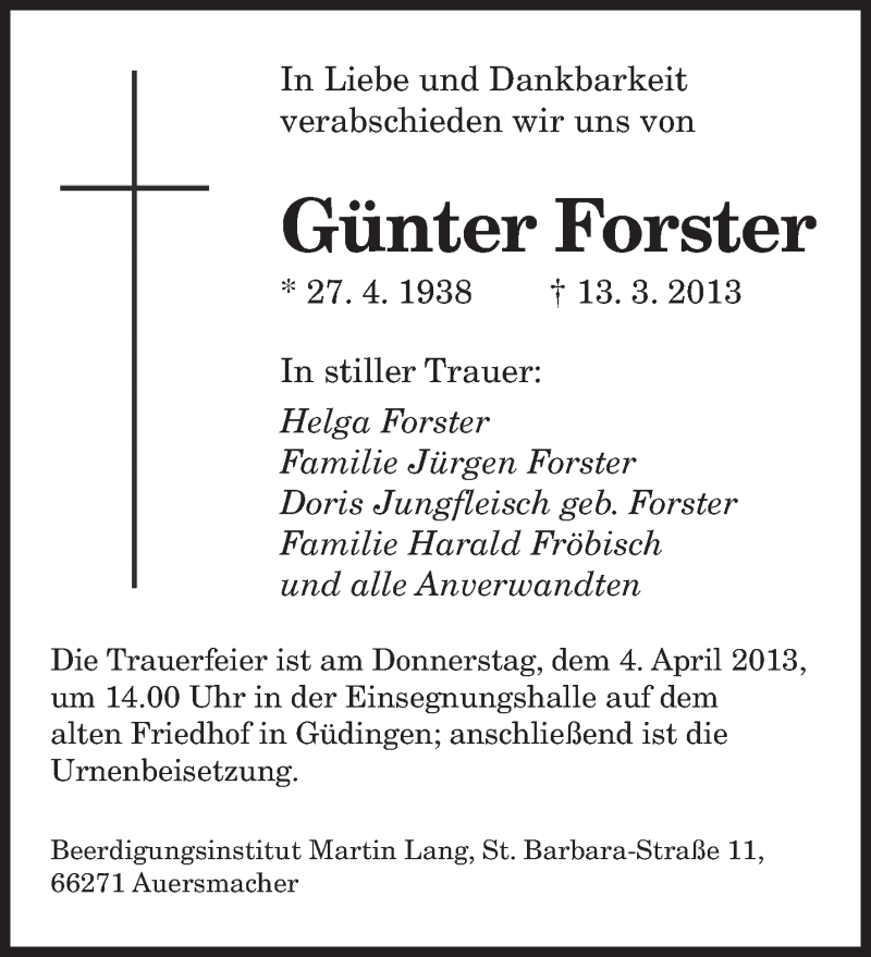  Traueranzeige für Günter Forster vom 27.03.2013 aus saarbruecker_zeitung