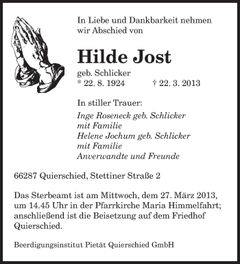 Traueranzeige von Hilde Jost von saarbruecker_zeitung