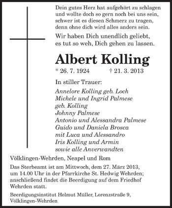 Traueranzeige von Albert Kolling von saarbruecker_zeitung