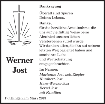 Traueranzeige von Werner Jost von saarbruecker_zeitung