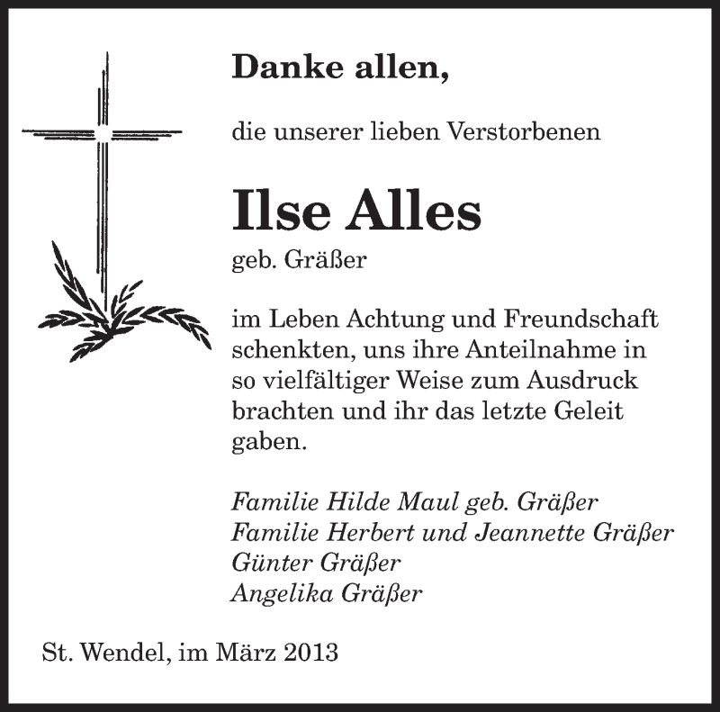  Traueranzeige für Ilse Alles vom 27.03.2013 aus saarbruecker_zeitung
