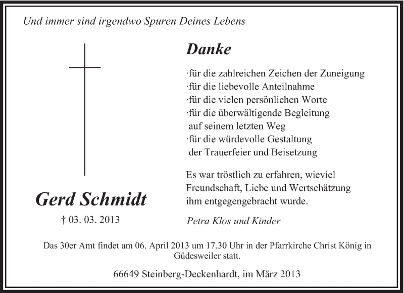  Traueranzeige für Gerd Schmidt vom 30.03.2013 aus saarbruecker_zeitung
