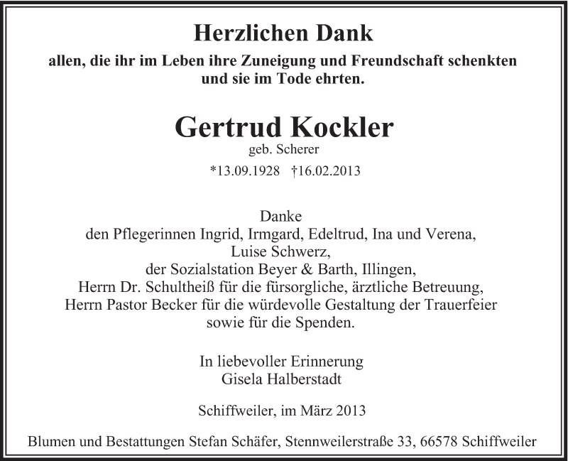  Traueranzeige für Gertrud Kockler vom 30.03.2013 aus saarbruecker_zeitung