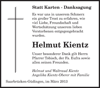 Traueranzeige von Helmut Kientz von saarbruecker_zeitung
