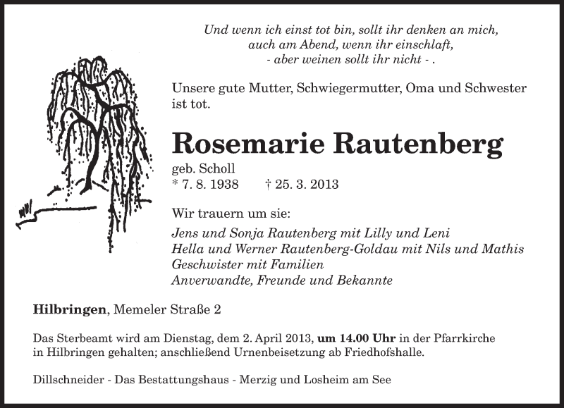  Traueranzeige für Rosemarie Rautenberg vom 28.03.2013 aus saarbruecker_zeitung