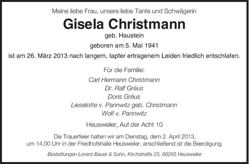  Traueranzeige für Gisela Christmann vom 28.03.2013 aus saarbruecker_zeitung