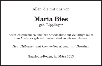 Traueranzeige von Maria Bies von saarbruecker_zeitung