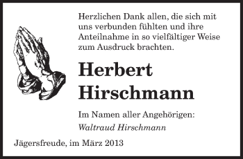 Traueranzeige von Herbert Hirschmann von saarbruecker_zeitung