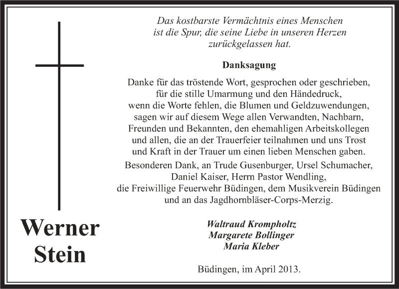  Traueranzeige für Werner Stein vom 03.04.2013 aus saarbruecker_zeitung