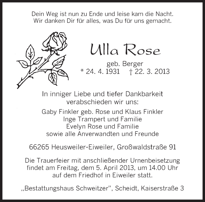  Traueranzeige für Ulla Rose vom 30.03.2013 aus saarbruecker_zeitung