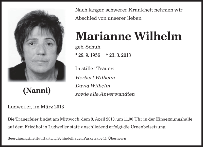  Traueranzeige für Marianne Wilhelm vom 30.03.2013 aus saarbruecker_zeitung