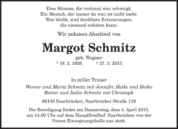 Traueranzeige von Margot Schmitz von saarbruecker_zeitung