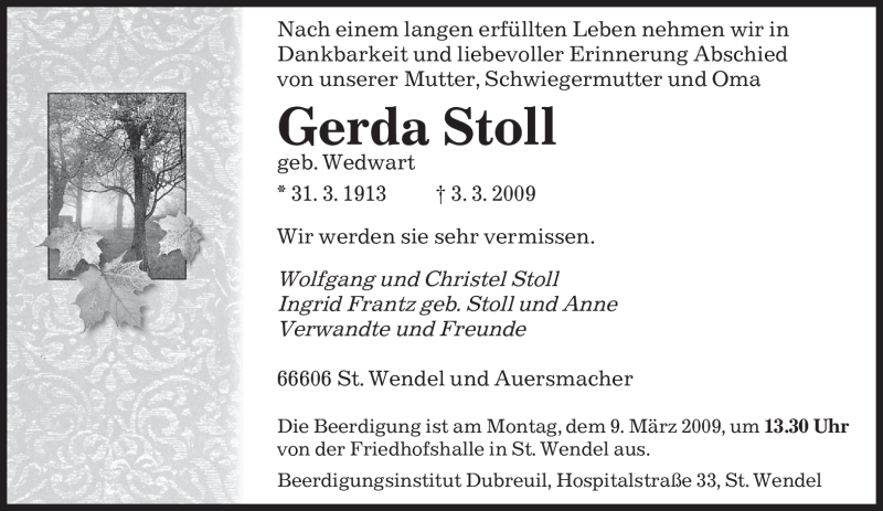  Traueranzeige für Gerda Stoll vom 05.03.2009 aus SAARBRÜCKER ZEITUNG